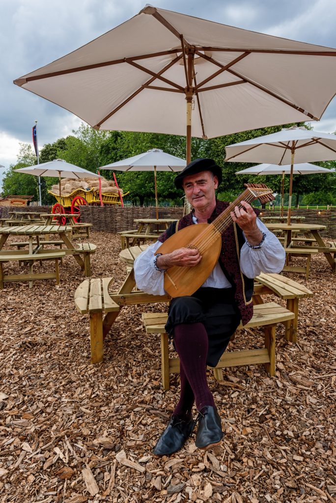 Our Medieval Minstrel Lute player welcoming audiences at Shakespeare's Rose Theatre
